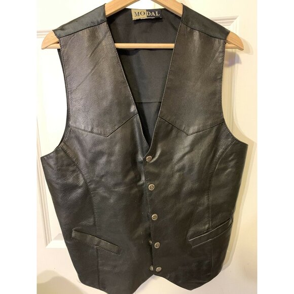 Modal Vtg Black Leather front vest Western Biker Oklahoma State buttons XL - Picture 4 of 6